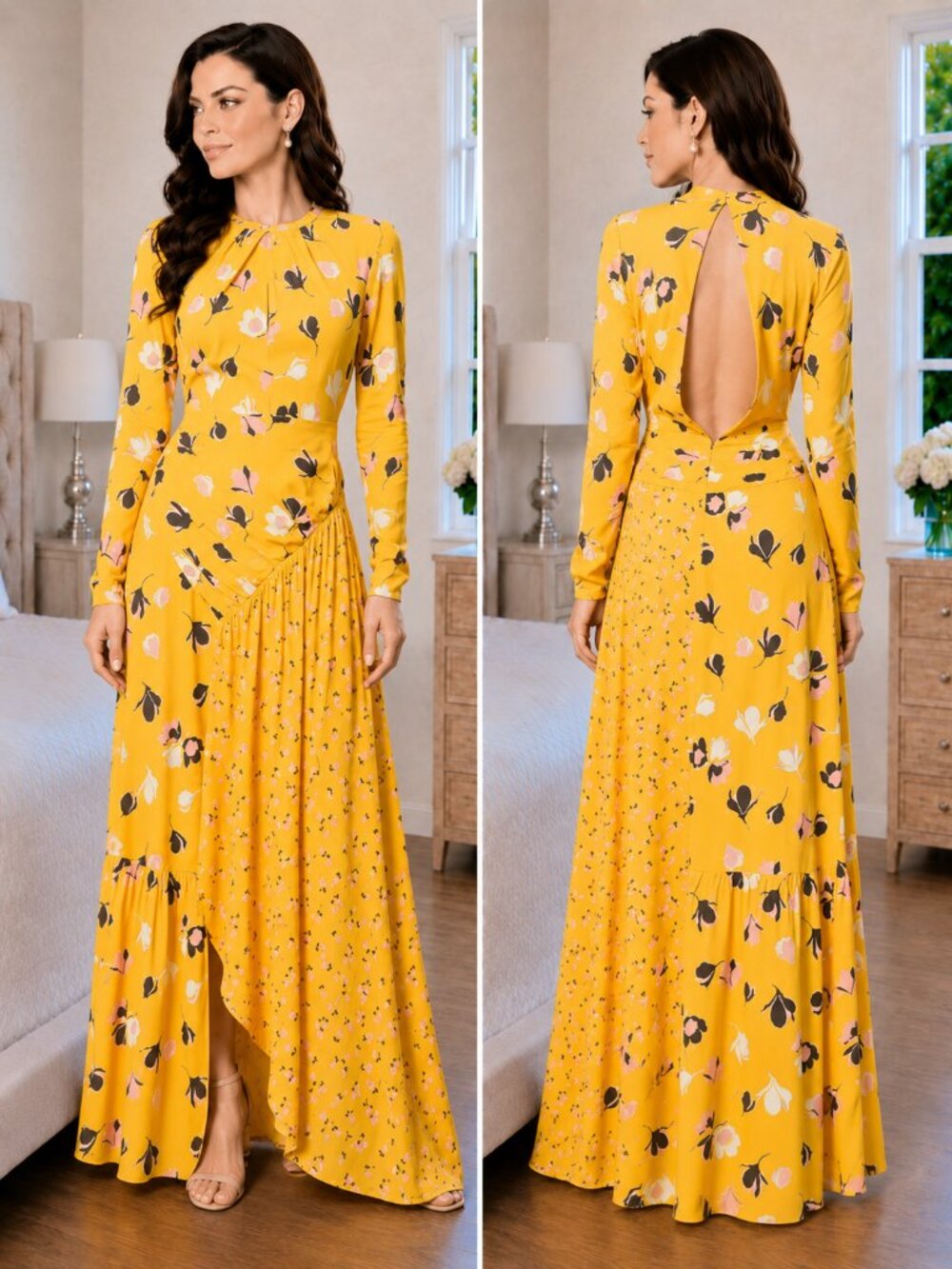 Self-Portrait Floral Print Twist Neck Long Sleeve Maxi Dress In Yellow $485